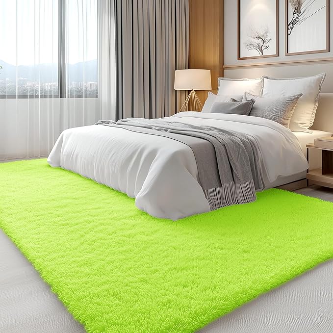 OLANLY 5x8 Machine Washable Large Area Rugs for Living Room, Bedroom, Soft Fluffy Shaggy Bedside Rug, Indoor Floor Carpet for Kids Girls and Boys, Dorms, Nursery, Home Decor Aesthetic, Lime Green