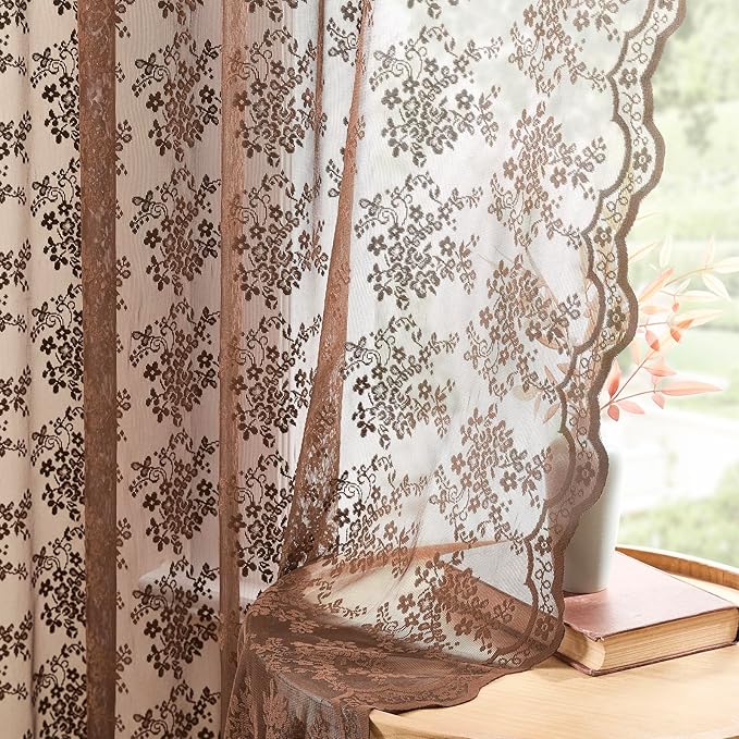 YJ YANJUN Vintage Lace Curtains 96 Inches Long-Victorian Floral Sheer Brown Curtain Panels for Living Room, Elegant Embroidered Style, Neutral Rustic Farmhouse & Cottagecor Décor 2 Panels W52 X L96