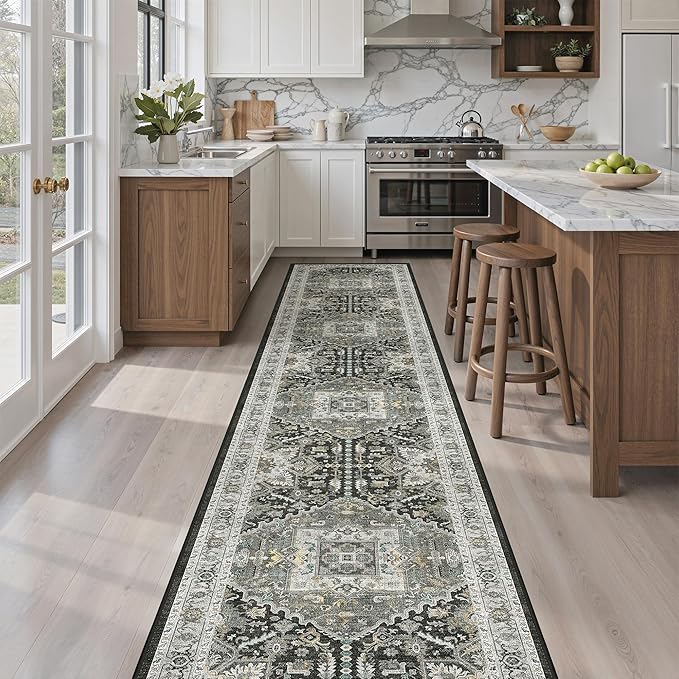 Madane Runner Rugs 2x12 Extra Long, Washable Non-Slip Hallway Runner Rug Low-Pile Carpet Runner for Kitchen Entrance Living Dining Laundry Room, Grey Green/Black Olive