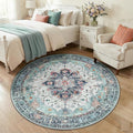 Area Rugs 5ft Washable Non-Slip, Floral Vintage Distress Print Pattern Medallion Carpet for Living Room Bedroom Dining Room, Green Navy Blue White Red Teal Colorful