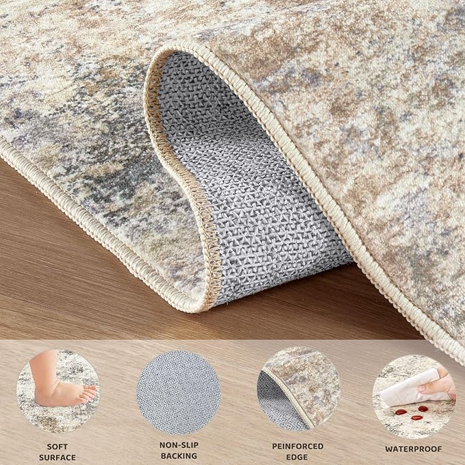 UERMEI 5ft Round Area Rug Living Room Rugs - 5x5 Washable Neutral Modern Abstract Soft Thin Rug Indoor Floor No Slip Rug Carpet for Bedroom Under Dining Table Home Office Decor - Golden Grey