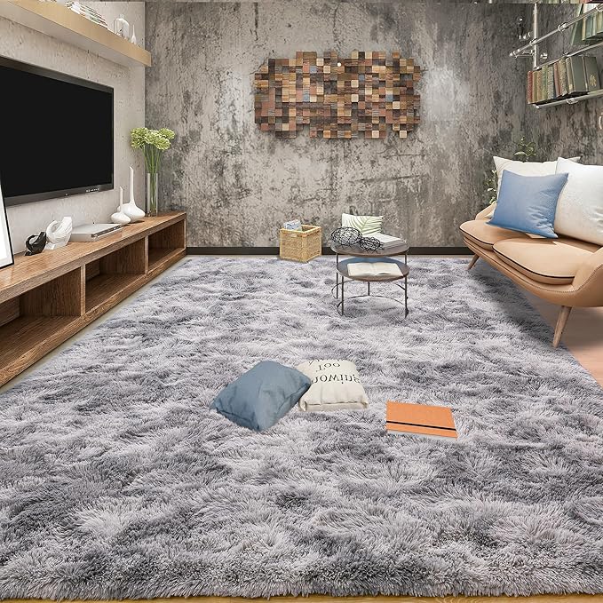 Tepook Area Rugs 10x14 for Living Room, Super Soft Fluffy Rugs for Bedroom, Modern Shaggy Rug Fuzzy Carpets for Kids, Plush Indoor Nursery Home Decor Rug with Non-Slip Bottom, Tie-Dyed Light Grey