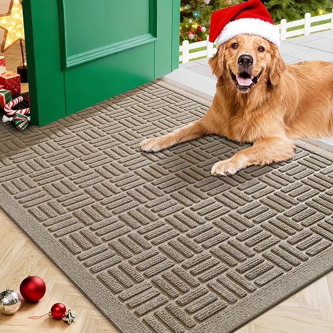 Mibao Front Door Mat Indoor Outdoor Entrance, Dirt Trapping Waterproof All-Season, All-Weather Doormat, Non-Slip Durable Natural Rubber Low Profile Easy Clean Patio Entrance Mat, 36" x 24", Beige