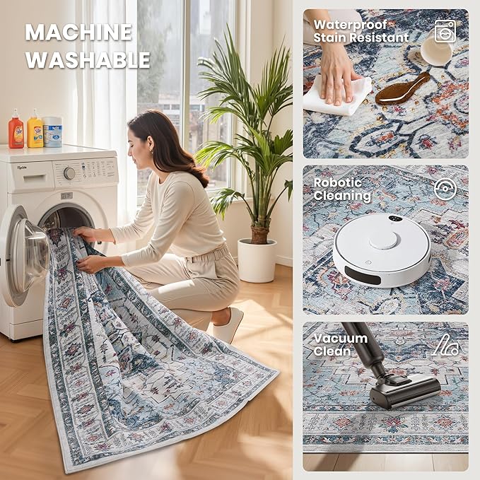 zesthome Washable Rug 5x7 Area Rugs,Stain Resistant Rugs for Living Room,Bedroom,Non-Slip Backing Home Decor Rug, Vintage Medallion Pattern Rugs (Blue,5'x7')