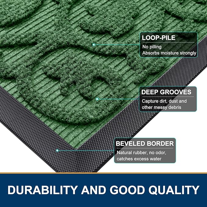 Smiry Welcome Door Mat Outside Entrance, Heavy Duty Trap Dirt and Moisture Easy Clean Low Profile Patio Porch Indoor Outdoor Front Doormat for Entry, 35x23 Inch, Green