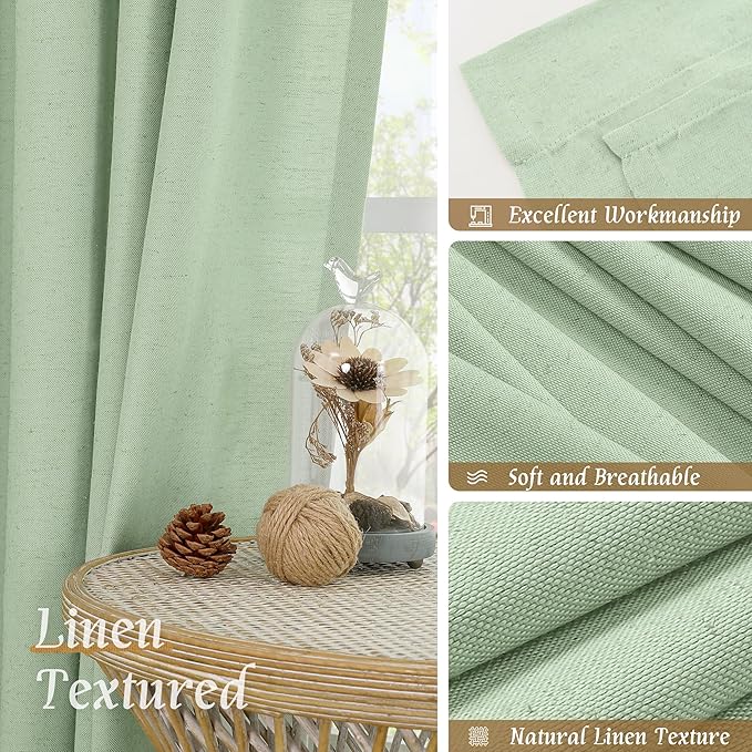 LAMIT 48 Inch Length Linen Curtains 2 Panels, Light Green Soft Faux Linen Light Filtering Panels Rod Pocket Boho Neutral Drapes for Short Windows/Cafe, 42 x 48 Inch