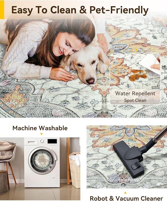 Area Rugs 7ft Washable Non-Slip, Floral Vintage Distress Print Pattern Medallion Carpet for Living Room Bedroom Dining Room, Light Yellow Carbon Grey Orange