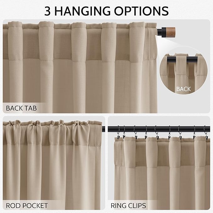 Sepia Beige Linen Curtains 102 Inches Long for Living Room Rustic Farmhouse Decor Light Filtering Semi Sheer Curtain Back Tab Neutral Modern Luxury Drapes for Bedroom Office 52x102, 2 Panels
