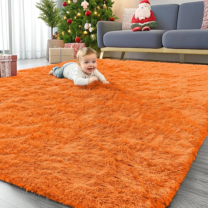 OLANLY 6x9 Machine Washable Large Area Rugs for Living Room, Bedroom, Soft Fluffy Shaggy Bedside Rug, Indoor Floor Carpet for Kids Girls and Boys, Dorms, Nursery, Home Decor Aesthetic, Orange