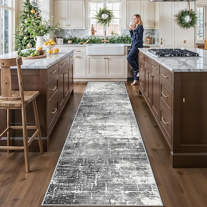 Washable 12ft Kitchen Area Rug: Abstract Entryway Rug Runner Soft Bedroom Besides Floor Mat Non-Slip Indoor Carpet for Bathroom Living Room Stain Resistant Runner for Family(2'6x12,Black/Grey)