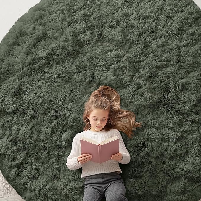 OLANLY Olive Green Round Rugs for Bedroom - Machine Washable, 8 ft Circle Area Rugs for Living Room, Soft and Fluffy Shaggy Carpet for Teen Girl and Boys, Nursery Rooms, Dorms, Home Decor Aesthetic