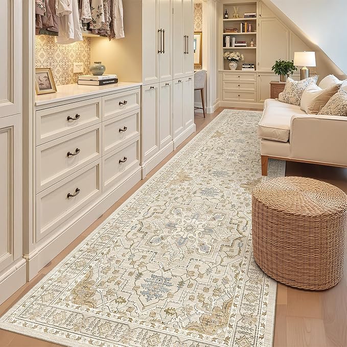 Madane 3x12 Hallway Runner Rug, Non Slip Washable 12ft Runner for Hallways Soft Vintage Kitchen Rugs Low-Pile Thin Floor Carpet Runner for Entryway Bathroom Bedroom, Beige/Blue