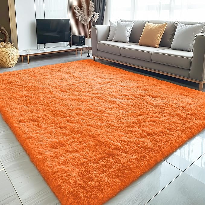 OLANLY 5x7 Machine Washable Large Area Rugs for Living Room, Bedroom, Soft Fluffy Shaggy Bedside Rug, Indoor Floor Carpet for Kids Girls and Boys, Dorms, Home Decor Aesthetic, Orange