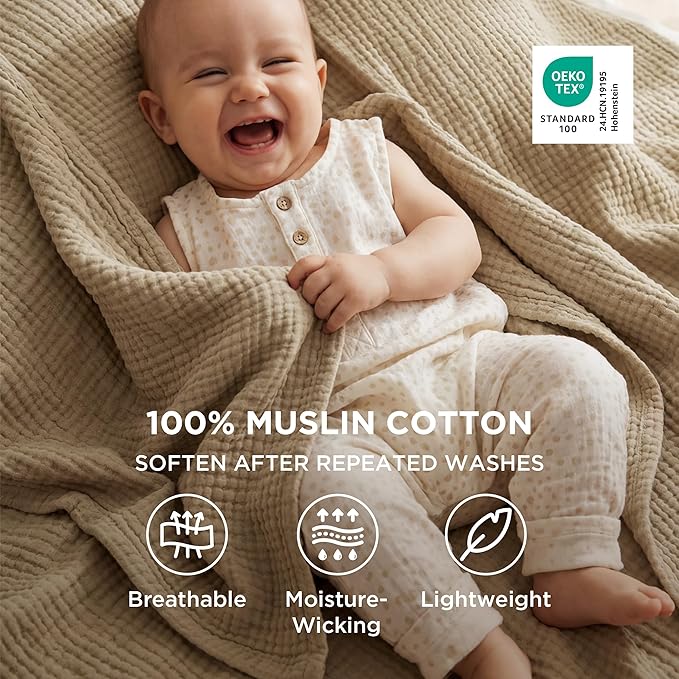 Bedsure 100% Cotton Muslin Blanket King Size for Bed - 4-Layer Breathable and Lightweight Thin Soft Summer Gauze Muslin Blanket for Adults, Light Brown, 108x90 Inches
