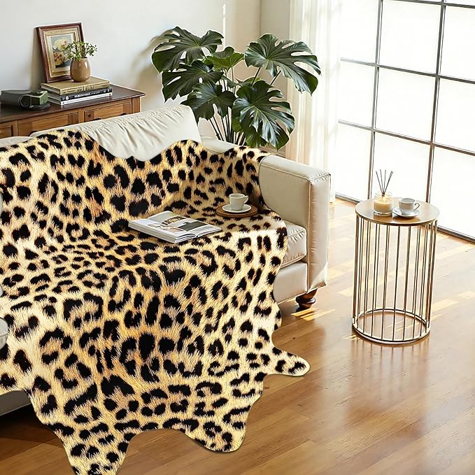 AROGAN Western Decor Faux Fur Leopard Rug, 8 x 10 Feet Premium Animal Skin Leopard Hide Rug, Sturdy Cheetah Print Rugs for Wall Decor, Western Floor Carpet for Bedroom Living Room, Black and Gold