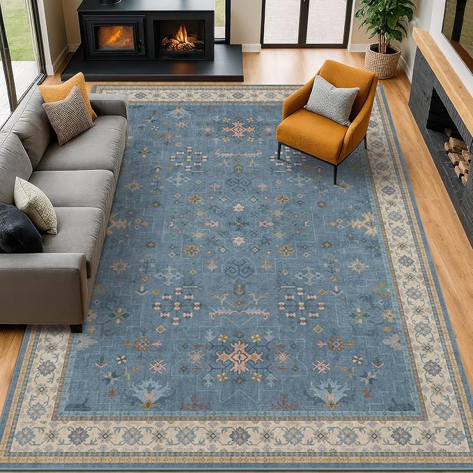 Hazo Haus Boho 8x10 Large Area Rugs for Living Room - Eclectic Dusky Blue Rug for Bedroom Under Bed, Dining Room Under Kitchen Table, Washable Soft Non Slip Unique Colorful Indoor Décor