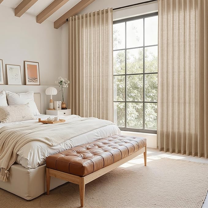 Nanspring Sand Beige Linen Curtains 84 Inch Length for Living Room Luxury Home Decor Light Filtering Semi Sheer Curtain Back Tab Simple Modern Privacy Burlap Drapes for Bedroom 52x84, 2 Panels
