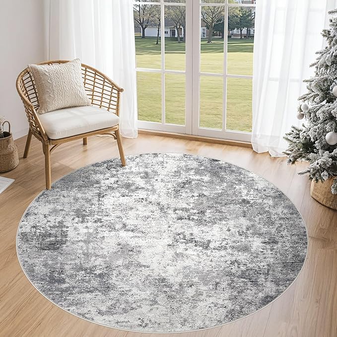 UERMEI 5ft Round Area Rug Living Room Rugs - 5x5 Washable Neutral Modern Abstract Soft Thin Rug Indoor Floor No Slip Rug Carpet for Bedroom Under Dining Table Home Office Decor - Grey