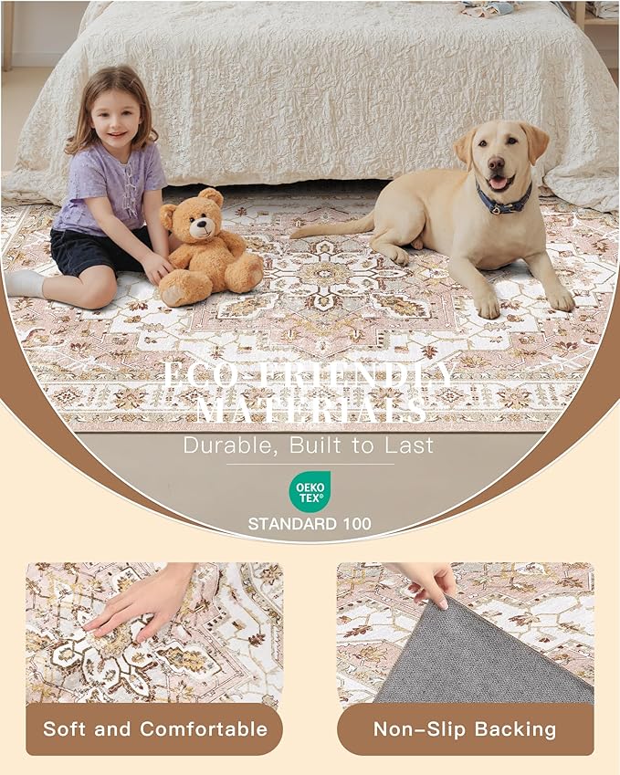 Madane Washable Area Rug 2x3, Small Entryway Rug Non-Slip Vintage Door Mat Indoor Entrance, Low Pile Floor Carpet for Inside Front Door Bedroom Kitchen Entry Laundry (2'x3', Pink)