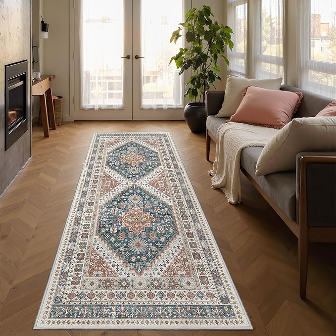 2x5 Rug Runner Washable for Entryway, Soft Bathroom Rugs with Non-Slip Backing,Vintage Low Pile Stair Runner, Small Kitchen Carpet for Hallways, Laundry Room(Blue/Red,2'x5')