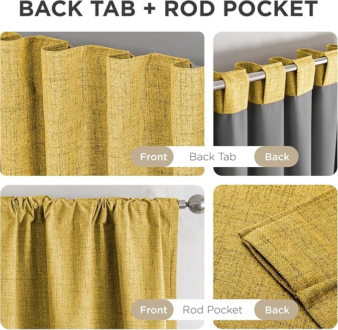 Joydeco Blackout Curtains for Bedroom - 100% Light Blocking 2 Panels Set Yellow Drapes 37" W x 84" L, Thermal Insulated Room Darkening Curtains, Linen Textured for Living Room, Rod Pocket & Back Tabs