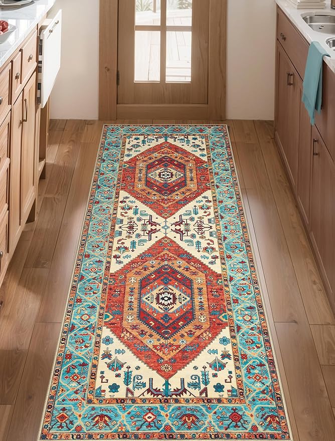 SERISSA Boho Washable Runner Rug, 2x5 Rug Runner Non-Slip Vintage Orange Hallway Kitchen Runner Rug Ultra Soft Print Distressed Tribal Floor Carpet Runner for Bedroom Bathroom Laundry Living Room