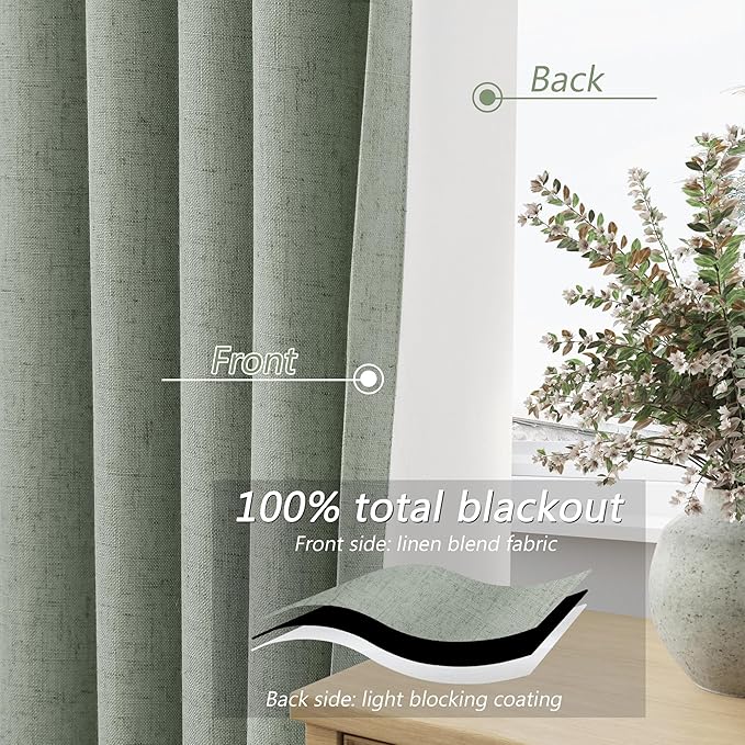 Guken 100% Blackout Curtains 100 Inch Length 2 Panels Set for Living Room Bedroom Back Tab Thermal Insulated Black Out Linen Drapes Room Darkening Window Curtains 100 Inches Long,Desert Sage
