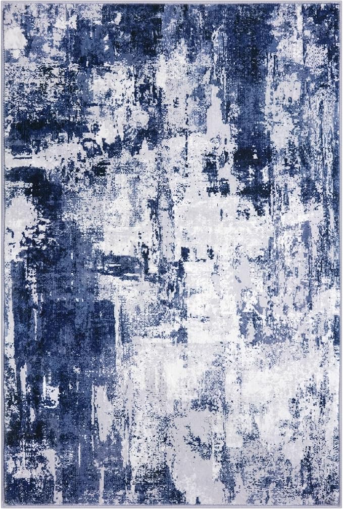 KOZYFLY Modern Abstract Area Rugs 8x10 Navy Blue Machine Washable Thin Rug for Bedroom Non-Slip Living Room Rug, Faux Wool Soft Low Pile Office Carpet for Dining Room, Bedroom, Kitchen Bathroom