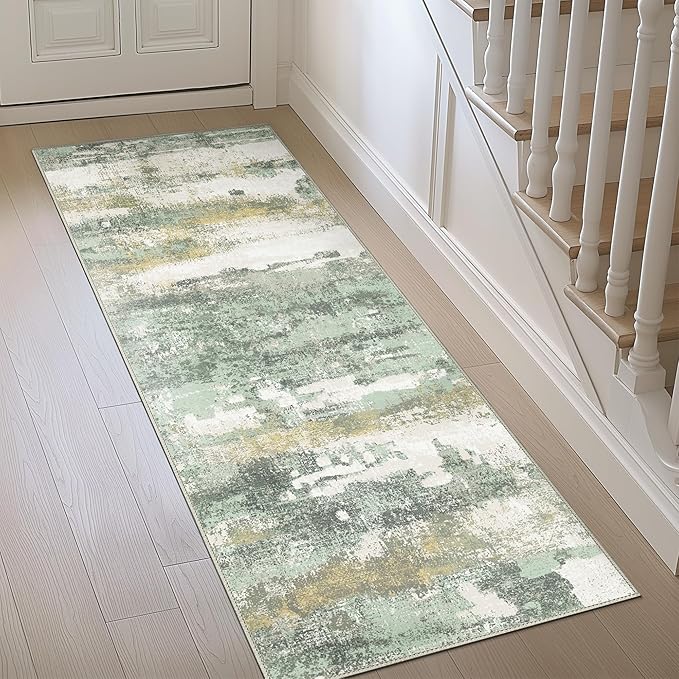 BEIMO Runner Rug for Hallway Kitchen, 2'6"x8' Machine Washable Runners Rug for Entryway, Soft Modern Abstract Throw Rugs, Low Pile Floor Cover with Non Slip Backing, Light Green