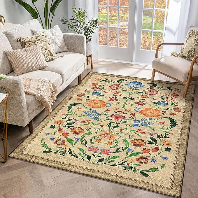 GarveeHome Washable Rug 3x5 Area Rugs for Living Room, Floral Rug for Bedroom, Soft Boho Non Slip Throw Rugs with Rubber Back, Low Pile Stain Resistant Vintage Floral Carpet for Dining Room, Beige