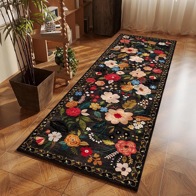 Rugcomf Runner Rug for Hallways Kitchen Rug Non Slip 2'x 6' Washable Runner Rugs with Rubber Backing Soft Floral Carpet Runner for Hallways, Kitchen, Laundry, Bedroom, Bathroom(Black)