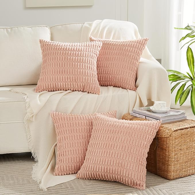 Fancy Homi 4 Packs Boho Pink Decorative Throw Pillow Covers 20x20 Inch for Living Room Couch Bed Sofa, Rustic Modern Farmhouse Home Decor, Soft Plush Corduroy Square Cute Cushion Case 50x50 cm