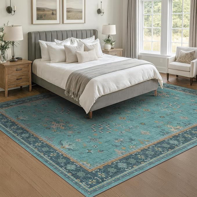 Boho 9x12 Large Teal Green Washable Living Room Rug - Vibrant Turquoise Rug for Bedroom Under Bed, Dining Room Under Table, Geometric Floral Low Pile & Soft Stain Resistant Carpet