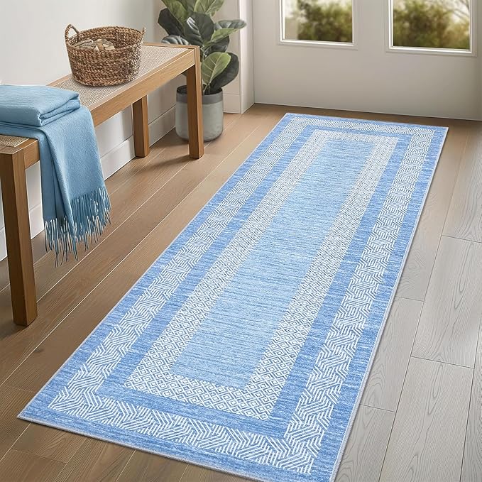GarveeHome 2x6 Modern Bordered Runner Rug Soft Non Slip Washable Floor Carpet Distressed Geometric Hallway Indoor Printed Rug for Kitchen Entrance, Light Blue