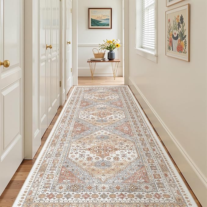 4x12 Runner Rug for Hallway, Low-Pile Wide Runner for Entryway, Long Washable Non-Slip Kitchen Rug, Soft Vintage Home Decor Mat for Living, Laundry Room(Orange,4'x12')