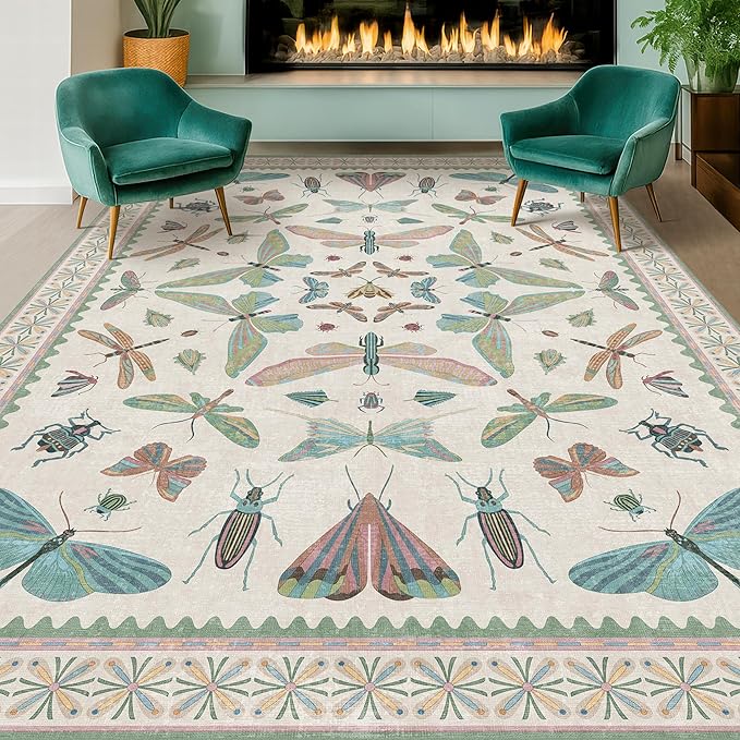Hazo Haus Sage Green Rugs for Bedroom Under Bed - 6x9 Area Rug for Living Room, Dining Room, Kids Playroom, Fun Insect Cute Décor,Ultra Soft Non Slip Stain Resistant
