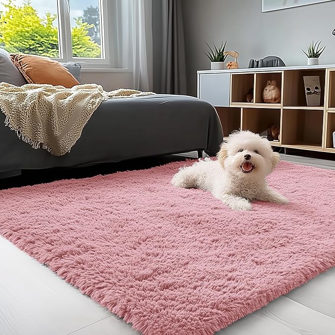 OLANLY 3x5 Machine Washable Small Bedside Rug, Soft Fluffy Shaggy Rugs for Living Room, Bedroom, Indoor Floor Carpet for Kids Girls and Boys, Preppy Dorms, Nursery, Home Decor Aesthetic, Pale Pink