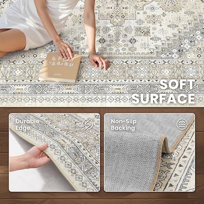 zesthome 8x12 Area Rugs,Stain Resistant Washable Rug,Ultra-Thin Rugs for Living Room,Bedroom,Non-Slip Backing Home Decor Large Area Rug (Beige,8'x12')