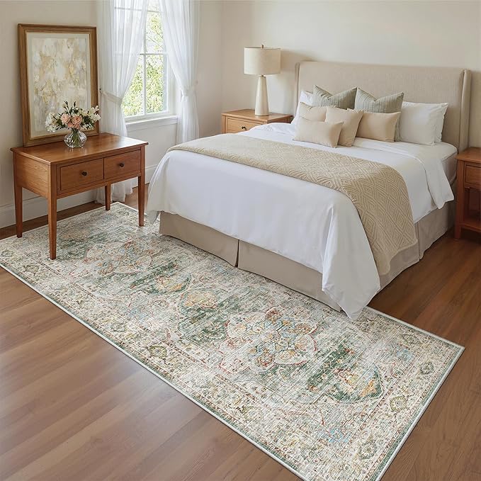 Madane Runner Rug 2'6''x8' Kitchen Runner, Hallway Runner Printed Vintage Washable Rugs Soft Non-Slip Low Pile Runners for Hallways Laundry Room Rug Distressed Rug, Green