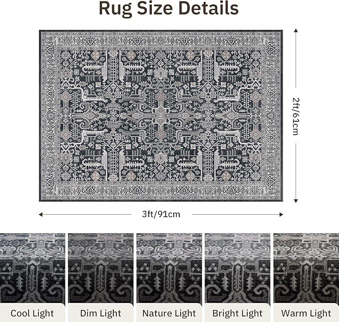 Washable 2x3 Entryway Area Rug - Small Non Slip Vintage Kitchen Runner Rugs Indoor Entrance Soft Neutral Stain Resistant Bathroom Mat Farmhouse Carpet for Bedroom Living Room Entry Laundry 2'x3' Black