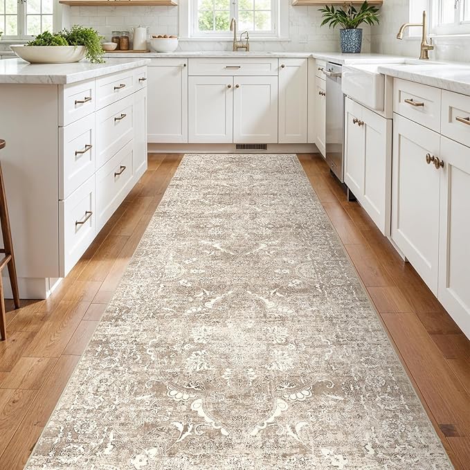 4x12 Washable Hallway Runner Rug - Wide Kitchen Runners Vintage Low Pile Carpet Soft Thin Floor Runner with Rubber Backing for Entryway Bedroom Living Room Home Decor (Beige)