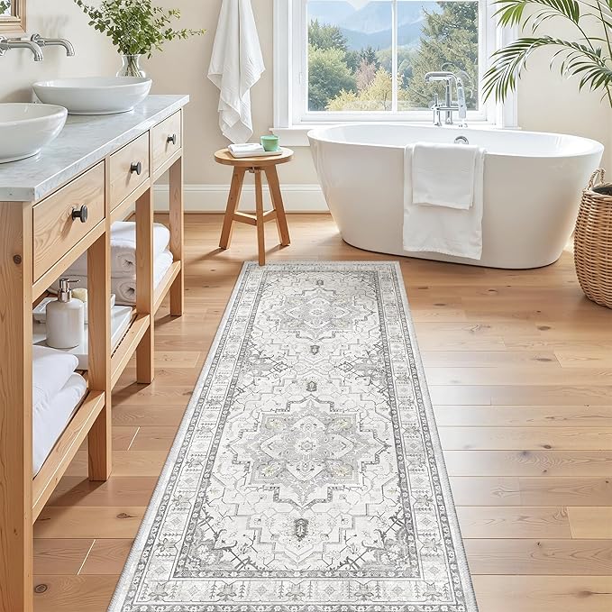 Madane Washable Runner Rug - 2x6 Rug Runners for Hallways 6 Foot Non Slip Vintage Kitchen Runner Rug Ultra-Thin Bathroom Runner Rugs Carpet Laundry Room Bedroom (2x6ft, Grey)
