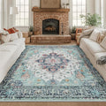 Area Rugs Square 8ft Washable Non-Slip, Floral Vintage Distress Print Pattern Medallion Carpet for Living Room Bedroom Dining Room, Green Navy Blue White Red Teal Colorful