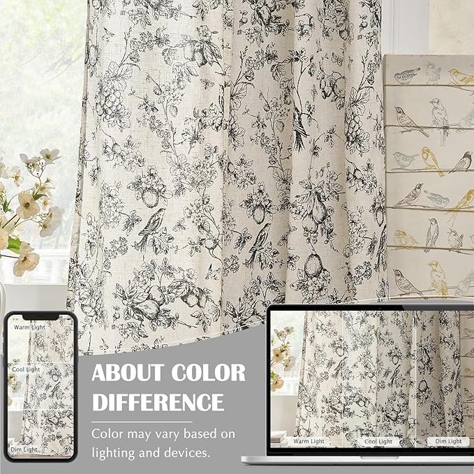 jinchan Linen Floral Curtains for Living Room 84 Inch Length Black Printed Flower Light Filtering French Country Curtain Farmhouse Cottage Core Toile Curtains Back Tab Window Drapes Set 2 Panels