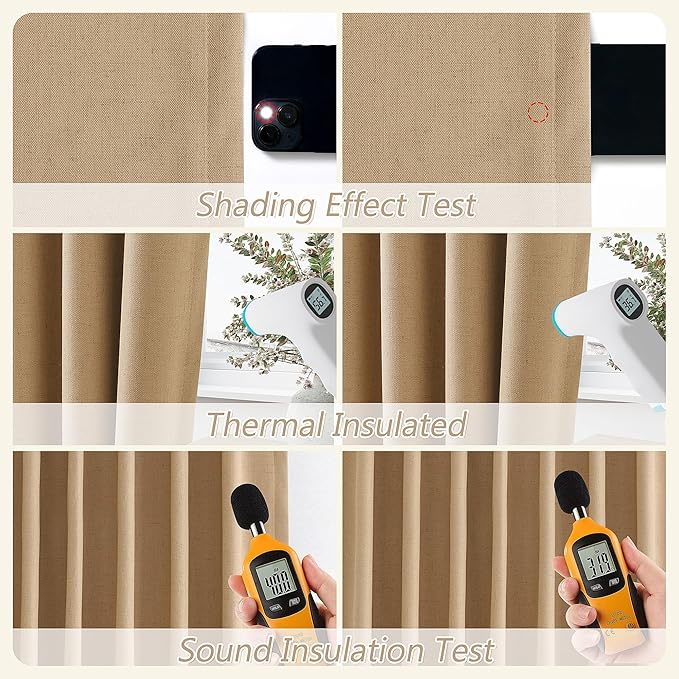 Guken 100% Blackout Linen Curtains 84 Inch Length 2 Panels Set for Living Room Bedroom Back Tab Thermal Insulated Black Out Linen Drapes Room Darkening Window Curtains 84 Inches Long,Camel Brown