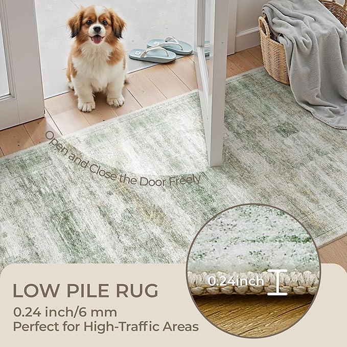 Rug Runners for Hallways Non Slip - 2x8 Runner Rug for Bedroom, Washable Runner with Rubber Backing, Soft Low-Pile Carpet for Kitchen, Laundry, Bathroom (2'x8', Green/Yellow/Ivory)