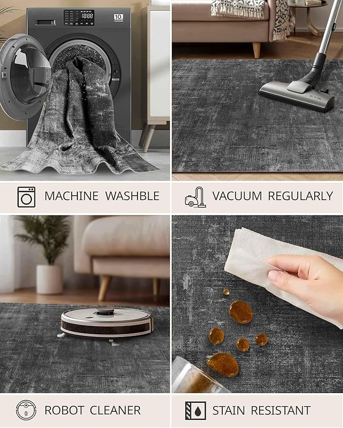 Latte&Fog 5x7 Area Rugs for Living Room Bedroom, Black Modern Abstract Neutral Washable Rug, Boho Non Slip Low Pile Carpet for Dining Room, Dorm, Classroom,College Dorm,Farmhouse and Kids Room - Black