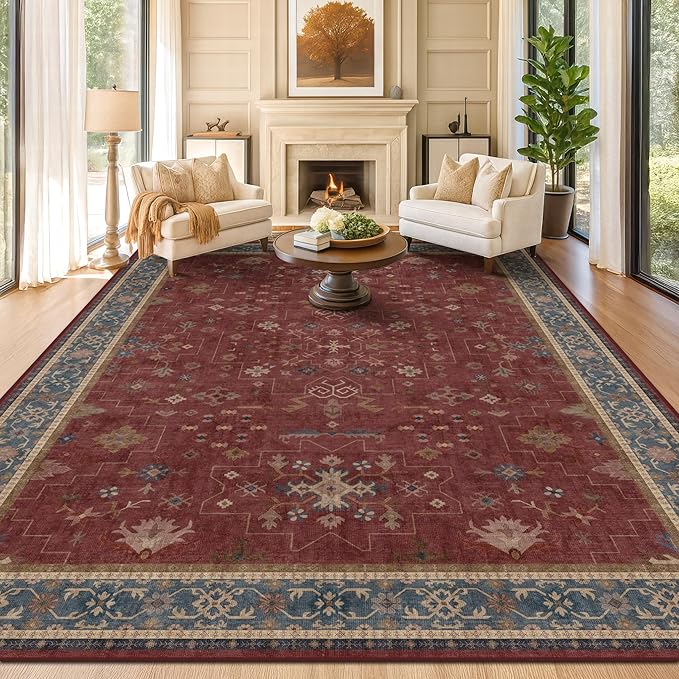 Hazo Haus Moroccan Big Rugs for Living Room - Dark Red 10x14 Area Rug for Large Bedroom, Dining Room, Washable Lightweight Low Pile Foldable Oriental Burgendy Home Décor