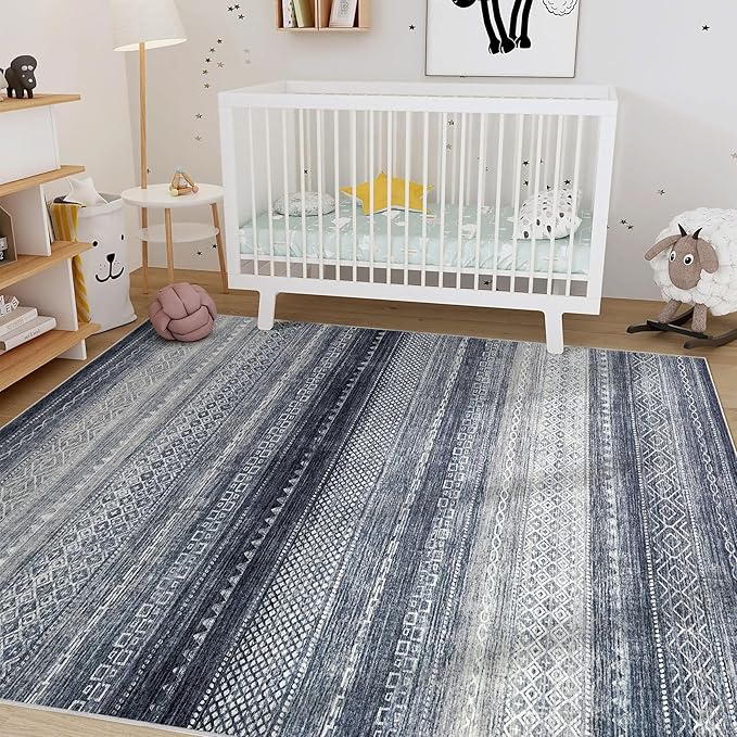 Nakagishi 5x7 Area Rugs Living Room: Washable Boho Large Neutral Soft Rug Modern Stain Resistant Moroccan Indoor Non Slip Floor Carpet for Bedroom Nursery Kids Playroom Office Dining Room Dorm- Blue