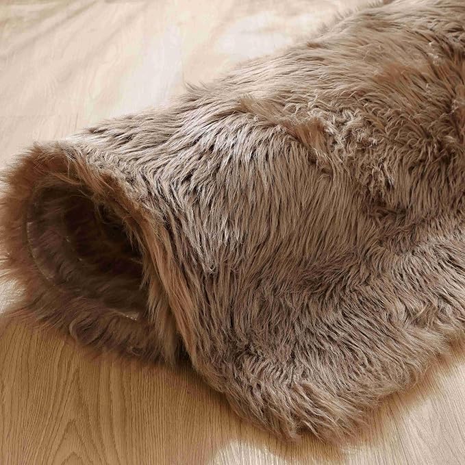 Goolela Sheepskin Area Rug 9x12 - Light Brown Beige - Fluffy Fuzzy Furry Carpet for Living Room Bedroom Faux Fur Rectangle